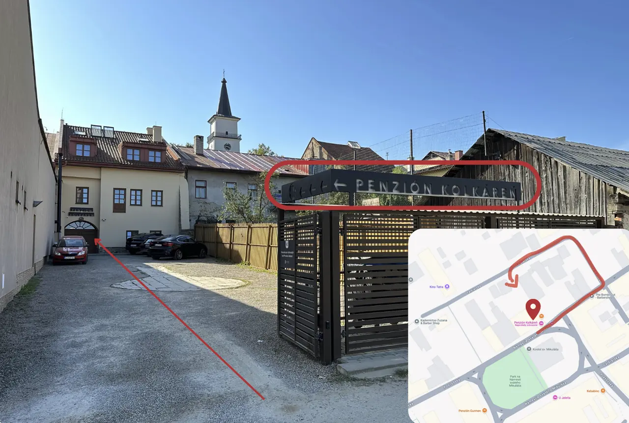 Wjazd na parking z tablicą Penzión Kolkáreň i mapką dojazdu